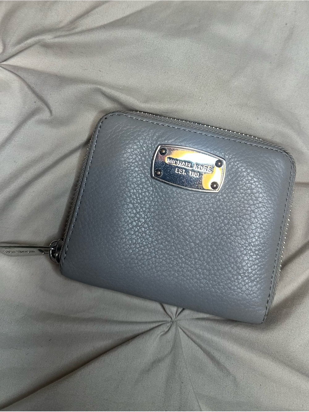 Michael Kors Gray Pebbled Leather Zip Wallet with Silver Plaque